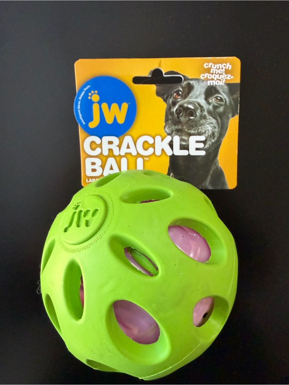 JW Crackle Ball Dog Toy - Green with Pink Insert
